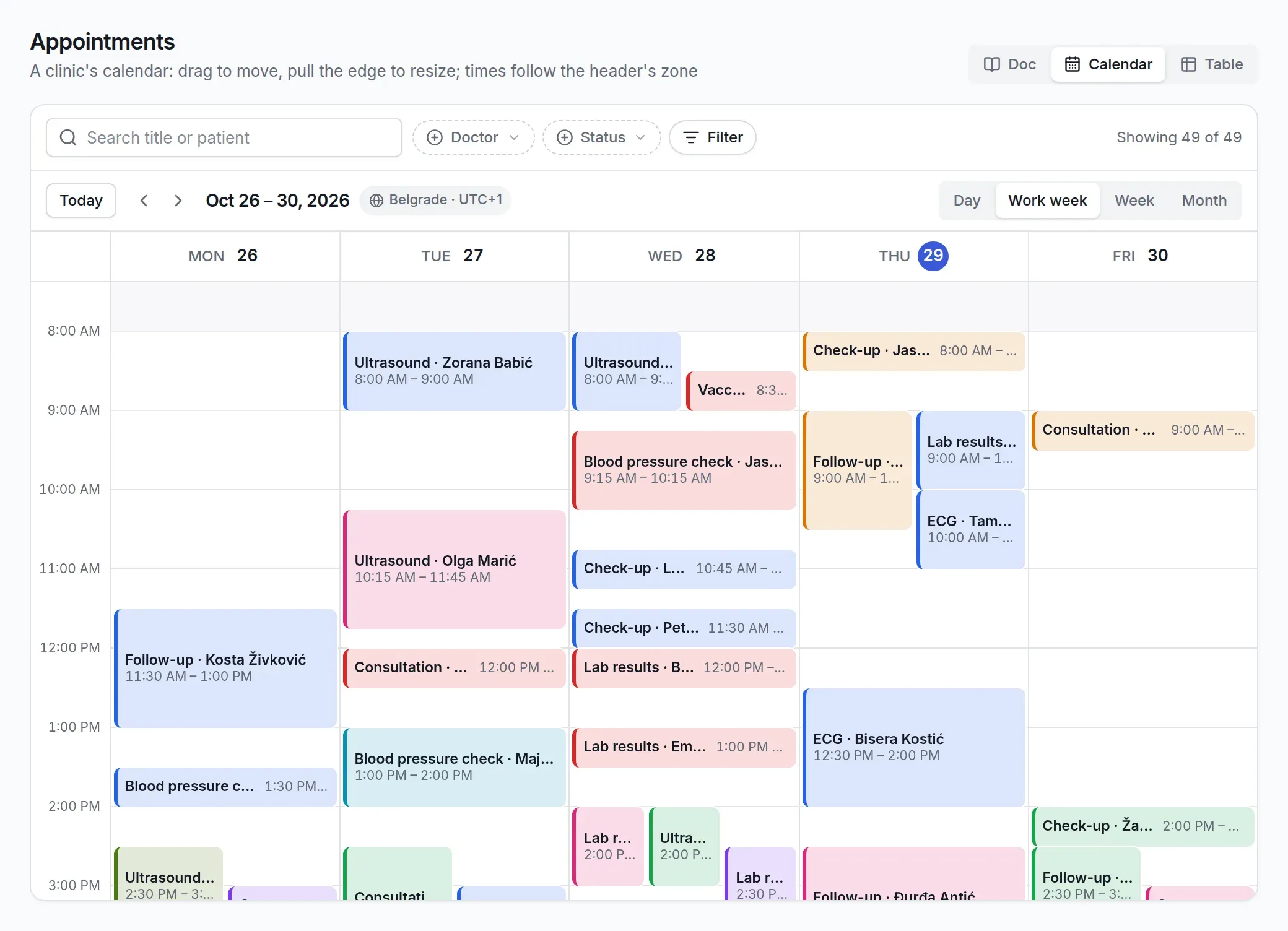 A work-week calendar of clinic appointments