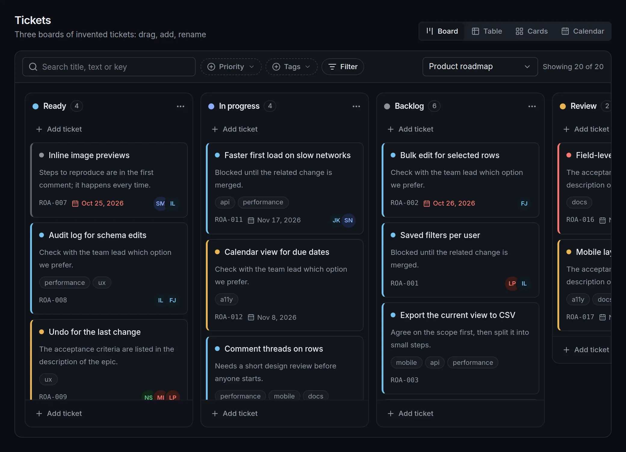 Tickets on a board in Ready, In progress, Backlog and Review columns