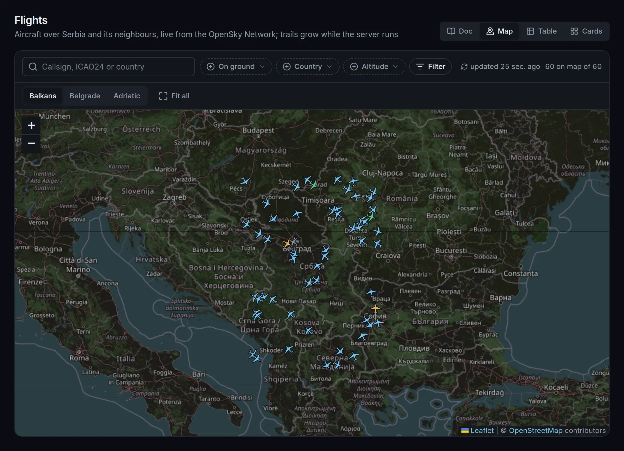 Live flights over the Balkans as plane markers on a map