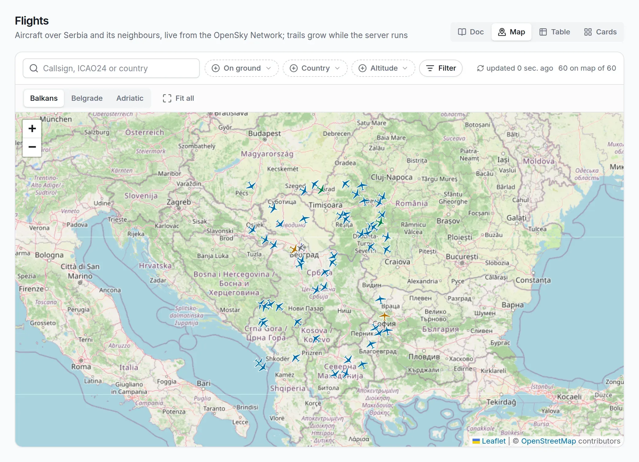 Live flights over the Balkans as plane markers on a map