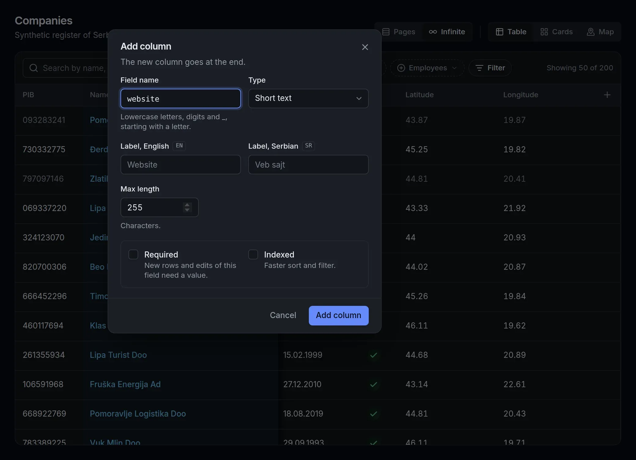 The Add column dialog of the schema editor over the companies table