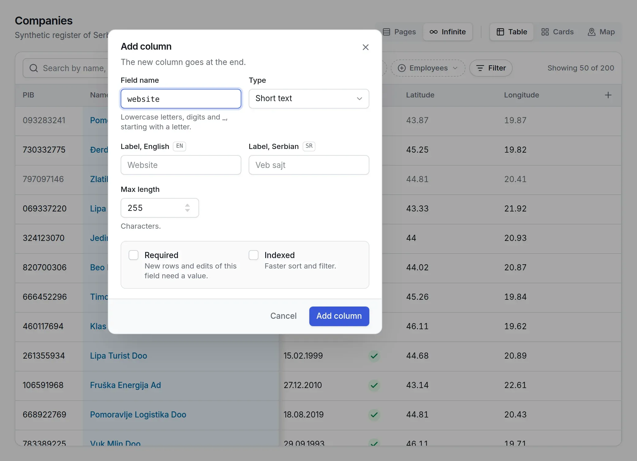 The Add column dialog of the schema editor over the companies table